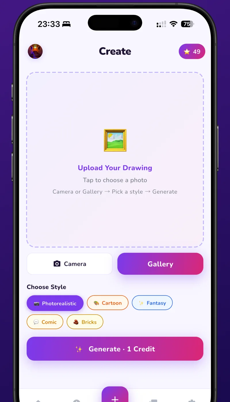 Pencil2Reality Create screen: upload a drawing, choose a style, and generate