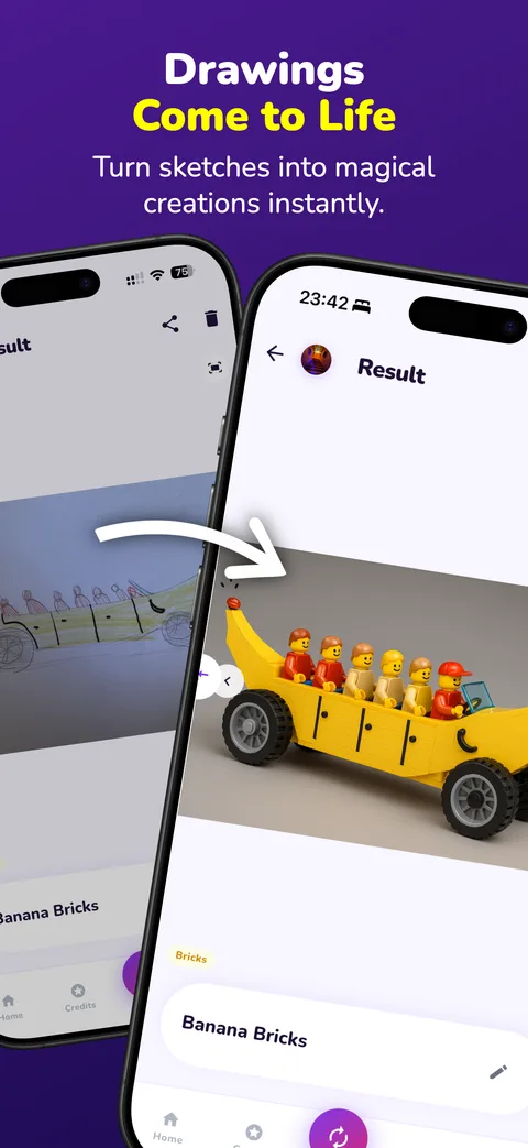 A child's crayon drawing of a car transformed into a photorealistic LEGO brick scene