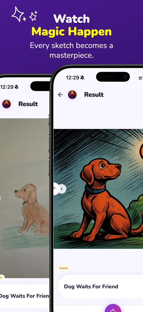 A dog sketch transformed into a vibrant comic-book illustration