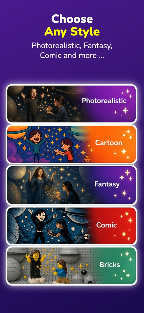 Style picker showing Photorealistic, Cartoon, Fantasy, Comic, and Bricks styles